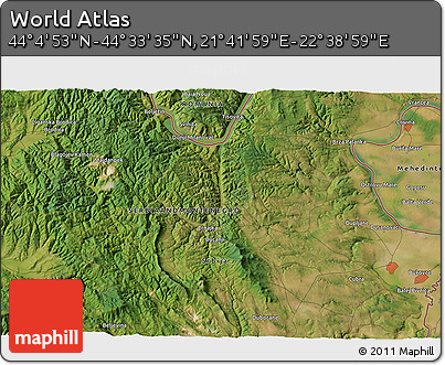 Satellite 3D Map of the Area around 44° 19' 14" N, 22° 10' 29" E