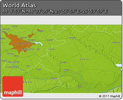Physical 3D Map of the Area around 44° 19' 14" N, 26° 25' 29" E