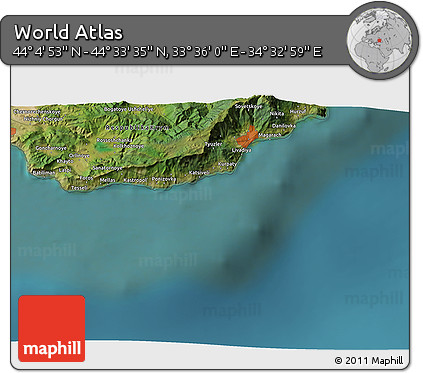 Satellite 3D Map of the Area around 44° 19' 14" N, 34° 4' 30" E