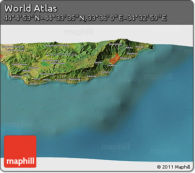 Satellite 3D Map of the Area around 44° 19' 14" N, 34° 4' 30" E