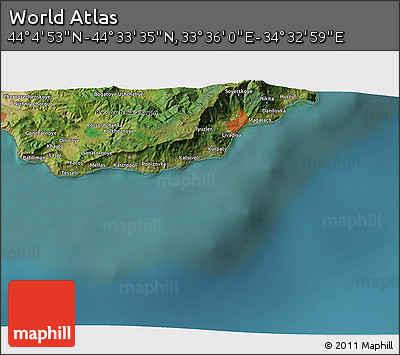 Satellite 3D Map of the Area around 44° 19' 14" N, 34° 4' 30" E
