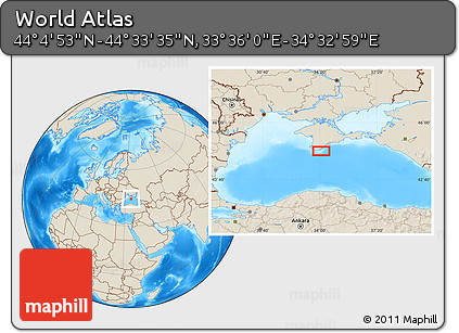 Shaded Relief Location Map of the Area around 44° 19' 14" N, 34° 4' 30" E
