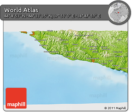 Physical 3D Map of the Area around 44° 19' 14" N, 38° 19' 30" E