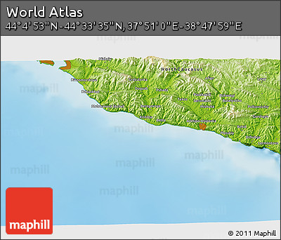 Physical 3D Map of the Area around 44° 19' 14" N, 38° 19' 30" E