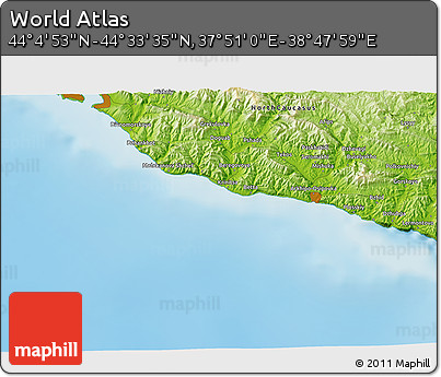 Physical 3D Map of the Area around 44° 19' 14" N, 38° 19' 30" E