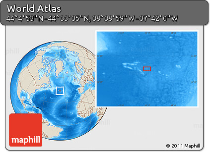 Shaded Relief Location Map of the Area around 44° 19' 14" N, 38° 10' 29" W