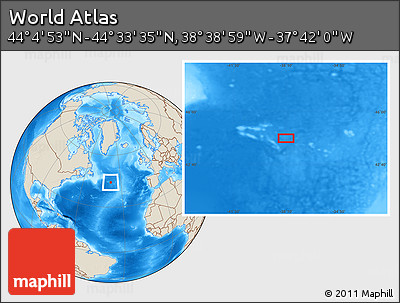 Shaded Relief Location Map of the Area around 44° 19' 14" N, 38° 10' 29" W