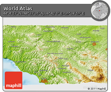 Physical 3D Map of the Area around 44° 19' 14" N, 39° 10' 29" E
