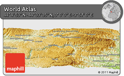Physical Panoramic Map of the Area around 44° 19' 14" N, 3° 28' 30" E