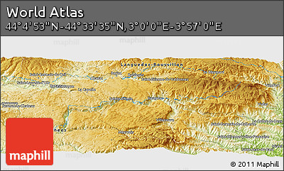 Physical Panoramic Map of the Area around 44° 19' 14" N, 3° 28' 30" E