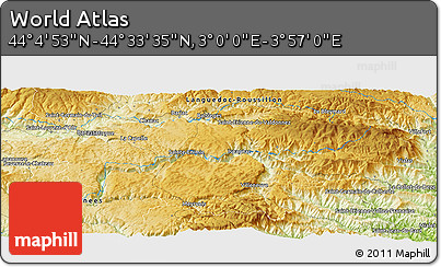 Physical Panoramic Map of the Area around 44° 19' 14" N, 3° 28' 30" E