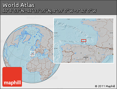Gray Location Map of the Area around 44° 19' 14" N, 4° 10' 30" W, hill shading