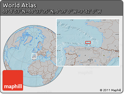 Gray Location Map of the Area around 44° 19' 14" N, 4° 10' 30" W, hill shading