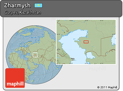 Savanna Style Location Map of Zharmysh, hill shading