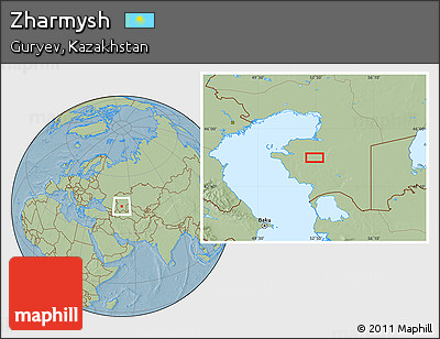 Savanna Style Location Map of Zharmysh, hill shading
