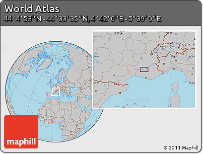 Gray Location Map of the Area around 44° 19' 14" N, 5° 10' 30" E