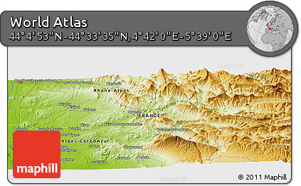 Physical Panoramic Map of the Area around 44° 19' 14" N, 5° 10' 30" E