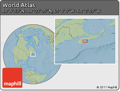 Savanna Style Location Map of the Area around 44° 19' 14" N, 64° 31' 30" W, hill shading