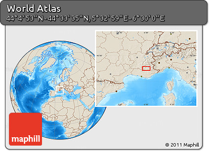 Shaded Relief Location Map of the Area around 44° 19' 14" N, 6° 1' 30" E