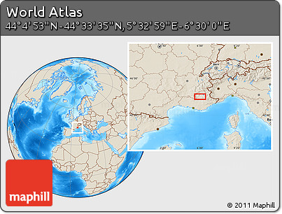 Shaded Relief Location Map of the Area around 44° 19' 14" N, 6° 1' 30" E
