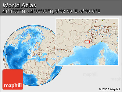 Shaded Relief Location Map of the Area around 44° 19' 14" N, 6° 1' 30" E