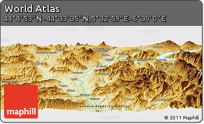 Physical Panoramic Map of the Area around 44° 19' 14" N, 6° 1' 30" E