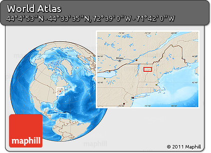 Shaded Relief Location Map of the Area around 44° 19' 14" N, 72° 10' 30" W