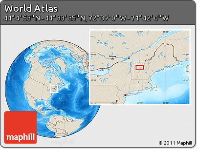 Shaded Relief Location Map of the Area around 44° 19' 14" N, 72° 10' 30" W