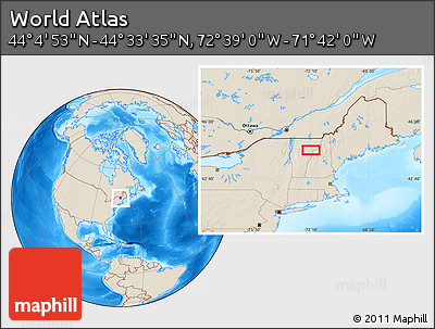 Shaded Relief Location Map of the Area around 44° 19' 14" N, 72° 10' 30" W