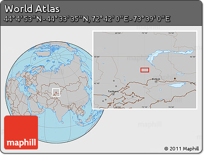 Gray Location Map of the Area around 44° 19' 14" N, 73° 10' 30" E