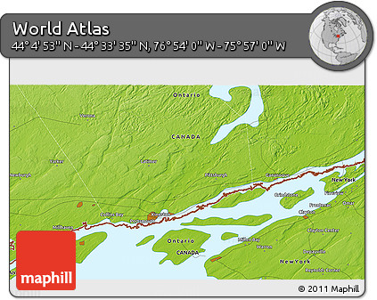 Physical 3D Map of the Area around 44° 19' 14" N, 76° 25' 30" W