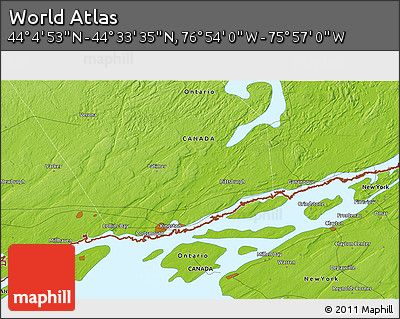 Physical 3D Map of the Area around 44° 19' 14" N, 76° 25' 30" W