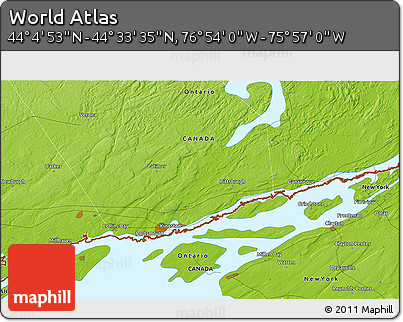 Physical 3D Map of the Area around 44° 19' 14" N, 76° 25' 30" W
