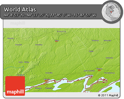 Physical 3D Map of the Area around 44° 19' 14" N, 77° 16' 30" W