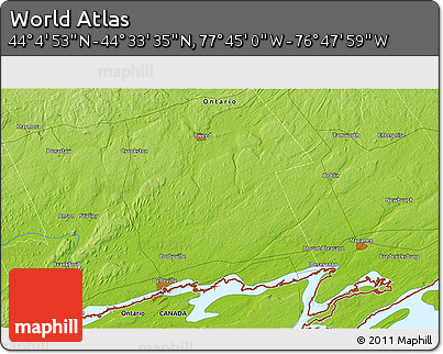 Physical 3D Map of the Area around 44° 19' 14" N, 77° 16' 30" W