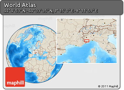 Shaded Relief Location Map of the Area around 44° 19' 14" N, 7° 43' 29" E