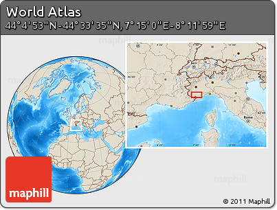 Shaded Relief Location Map of the Area around 44° 19' 14" N, 7° 43' 29" E