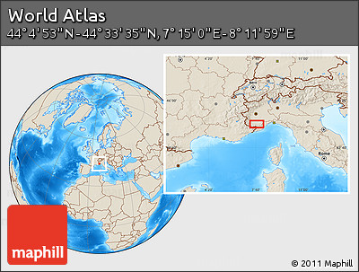 Shaded Relief Location Map of the Area around 44° 19' 14" N, 7° 43' 29" E