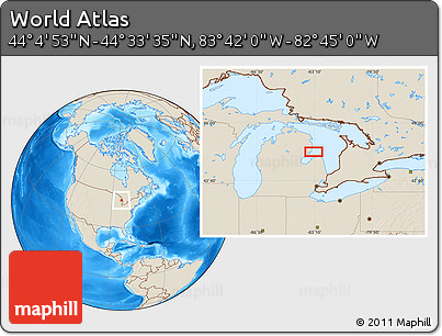 Shaded Relief Location Map of the Area around 44° 19' 14" N, 83° 13' 29" W