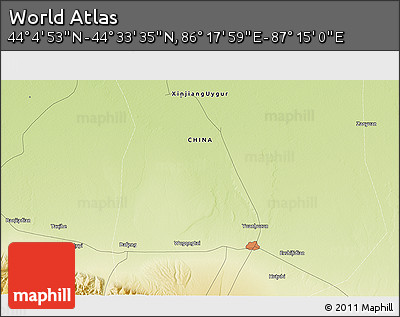 Physical 3D Map of the Area around 44° 19' 14" N, 86° 46' 30" E