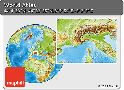 Physical Location Map of the Area around 44° 19' 14" N, 8° 34' 29" E