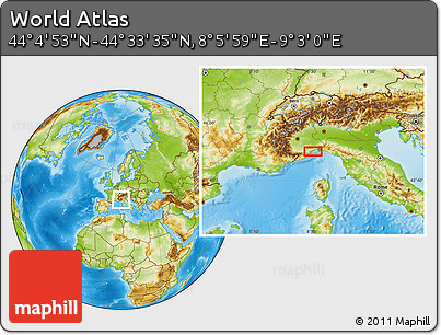 Physical Location Map of the Area around 44° 19' 14" N, 8° 34' 29" E