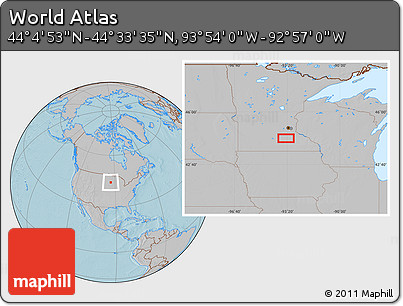 Gray Location Map of the Area around 44° 19' 14" N, 93° 25' 30" W, hill shading