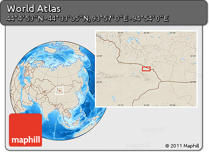 Shaded Relief Location Map of the Area around 44° 19' 14" N, 94° 25' 30" E