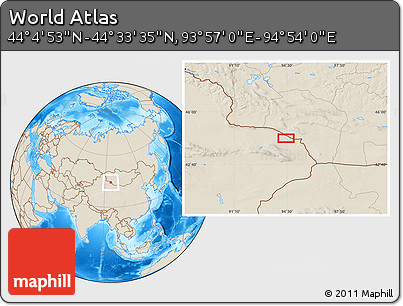 Shaded Relief Location Map of the Area around 44° 19' 14" N, 94° 25' 30" E