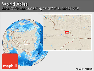 Shaded Relief Location Map of the Area around 44° 19' 14" N, 94° 25' 30" E