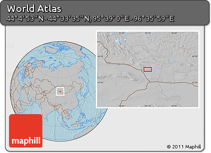 Gray Location Map of the Area around 44° 19' 14" N, 96° 7' 30" E, hill shading