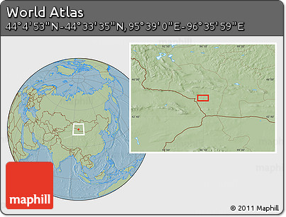 Savanna Style Location Map of the Area around 44° 19' 14" N, 96° 7' 30" E, hill shading