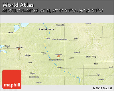 Physical 3D Map of the Area around 44° 19' 14" N, 96° 49' 29" W