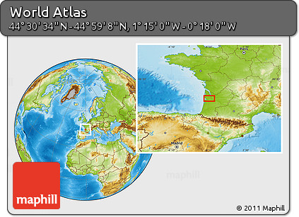 Physical Location Map of the Area around 44° 44' 51" N, 0° 46' 30" W
